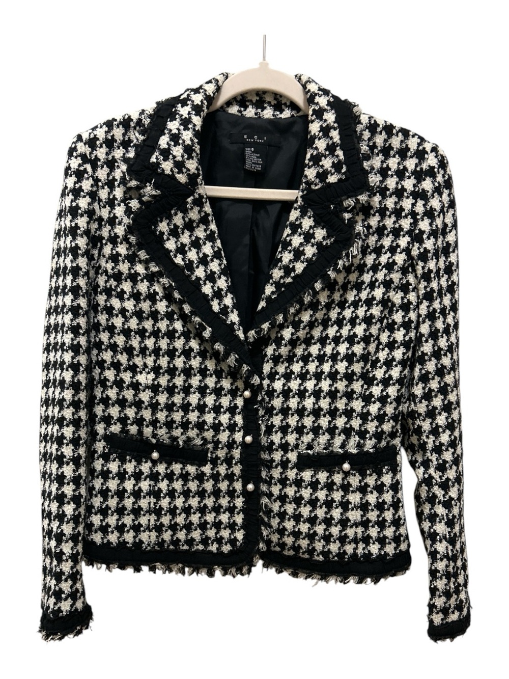 ECI New York Wool Blend Houndstooth Tweed Fringed Blazer Jacket Pearl Accent 6